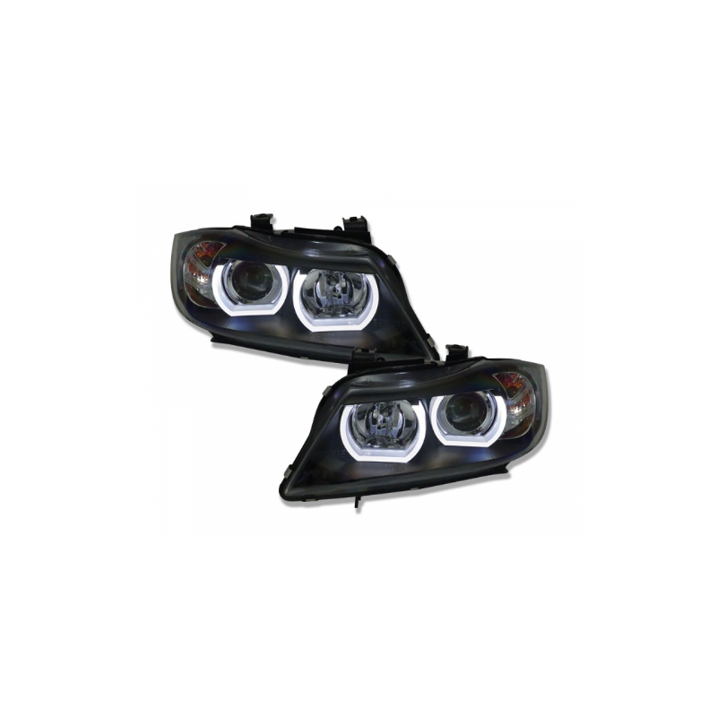 Phares avant angel eyes 3D LED BMW Série 3 E90/E91 05-08 noir pour modèles au xénon tuning