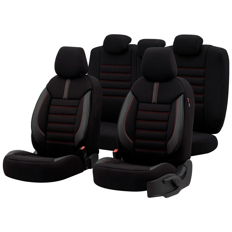 Housse de sièges universel en textile/cuir 'Limited' Noir + Coutures rouge - 11-pièces - adapté aux Side-Airbags