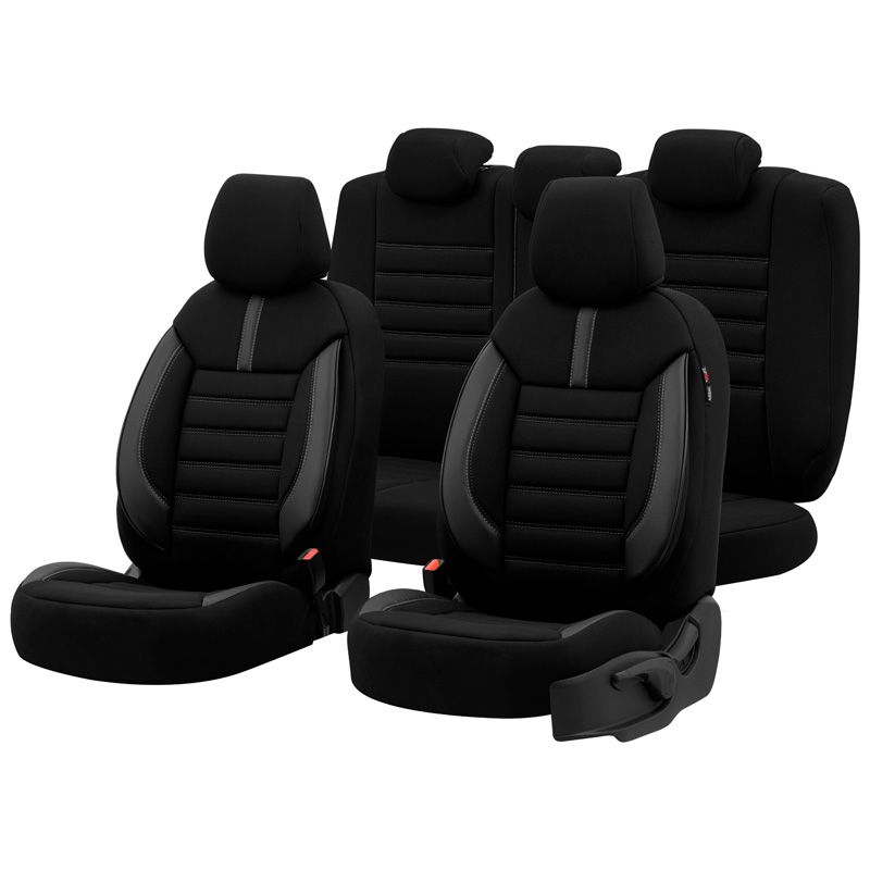 Housse de sièges universel en textile/cuir 'Limited' Noir + Coutures gris - 11-pièces - adapté aux Side-Airbags
