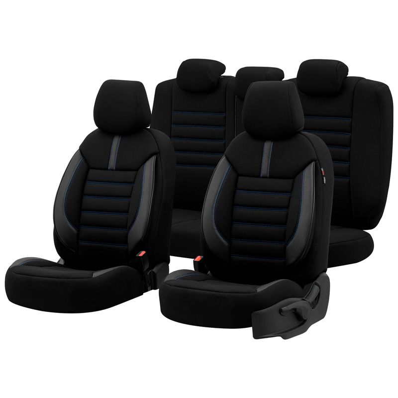 Housse de sièges universel en textile/cuir 'Limited' Noir + Coutures bleu - 11-pièces - adapté aux Side-Airbags
