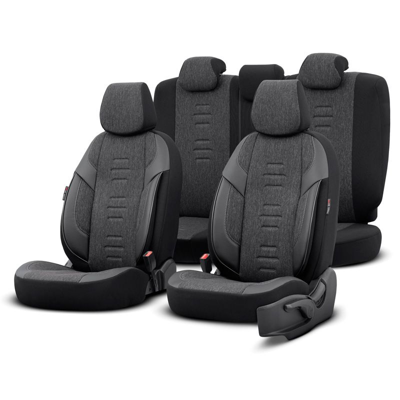 Housse de sièges universel en toile/cuir/textile 'Throne' Noir/Gris - 11-pièces - adapté aux Side-Airbags