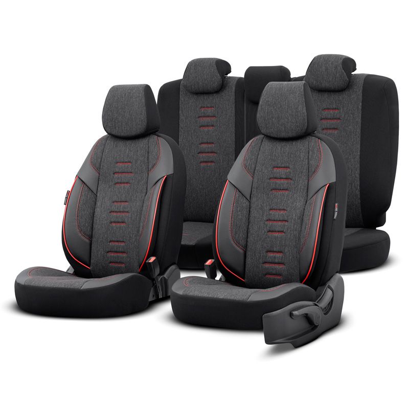 Housse de sièges universel en toile/cuir/textile 'Throne' Noir/Gris/Rouge - 11-pièces - adapté aux Side-Airbags