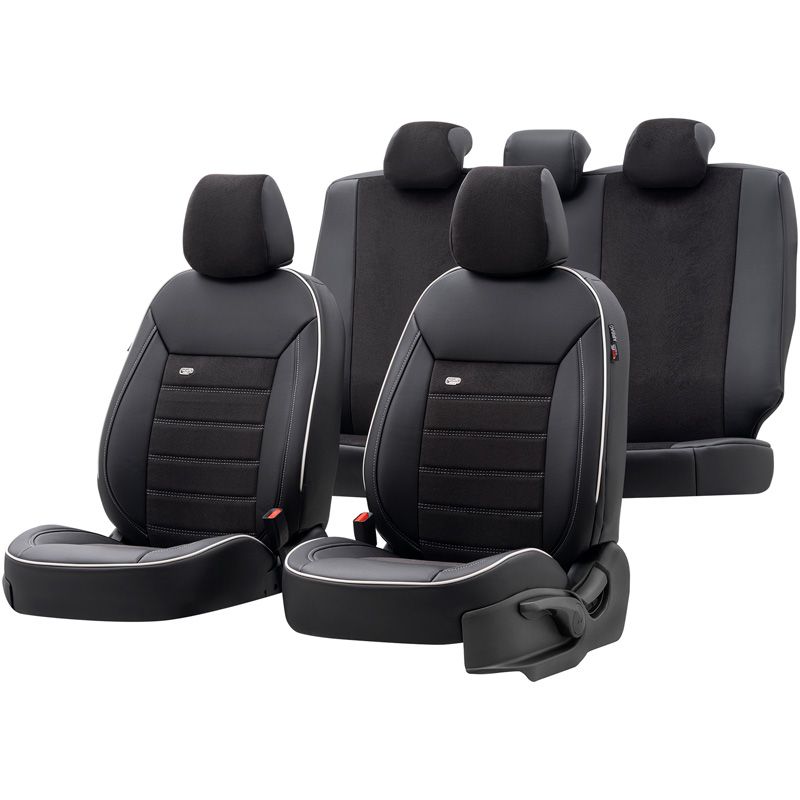 Housse de sièges universel en cuir/velours 'Premium' Noir + Lisière blanc - 11-pièces - adapté aux Side-Airbags
