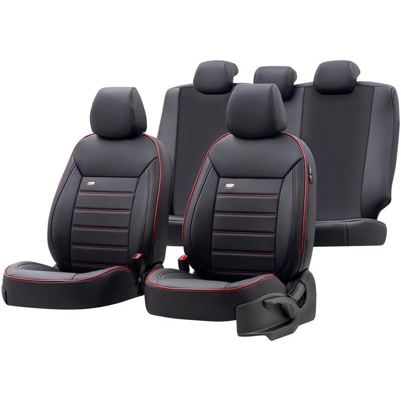 Housse de sièges universel en plein cuir 'Premium' Noir + Lisière rouge - 11-pièces - adapté aux Side-Airbags
